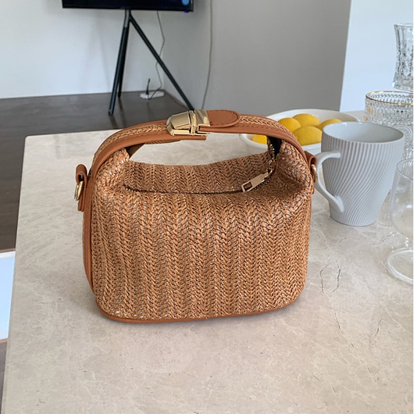 Kvinner Halm Crossbody Bucket Vesker Glidelås Topp Håndveske, Brun, 21*9.5*15.5cm