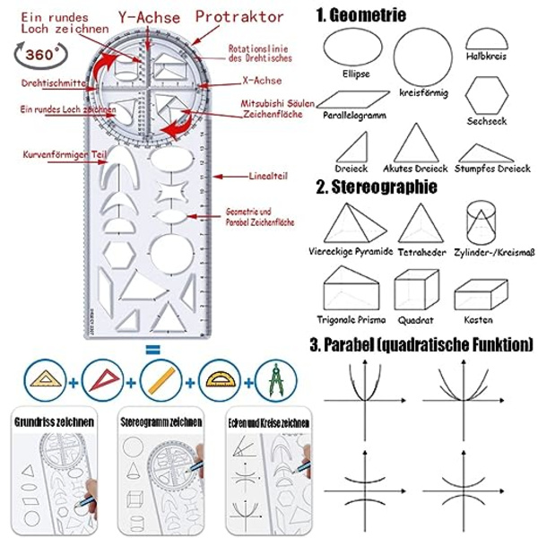 Multifunktionel geometrisk lineal, geometrisk mønster lineal, 3 stk. multifunktionel tegnelineal, geometriske figurer lineal, geometrisk tegnelineal, geometrisk lineal