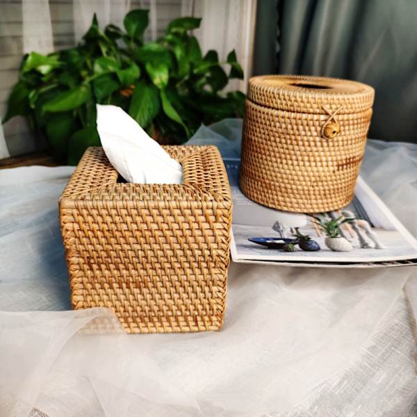 Rattan Servettbehållare Kvadratisk, Handvävd Korg Servetthållare,