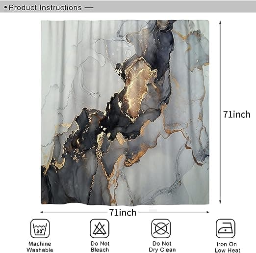 1 stk. Marmor mønstret bruseforhæng, 180x180cm, Grå-Sort-Guld Mod