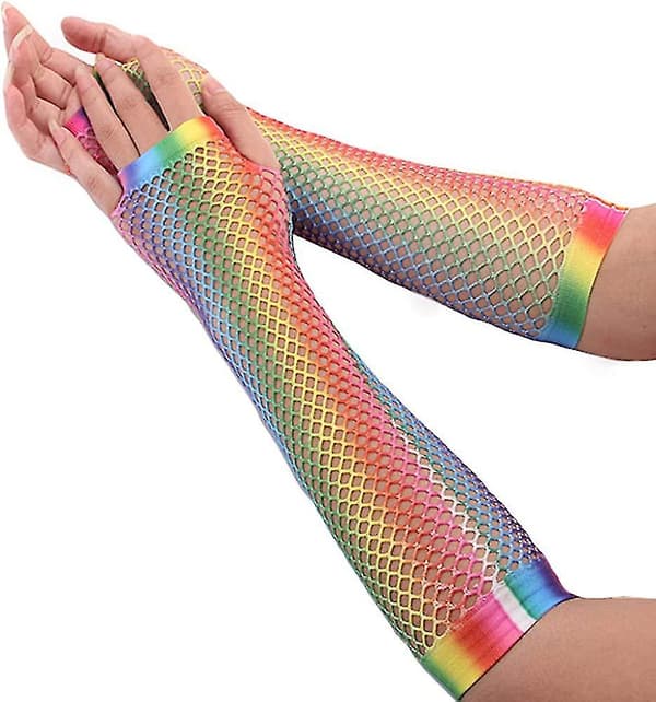 Stretchy Rainbow Gradient Fingerless Fishnet Gloves Costume 2Pair