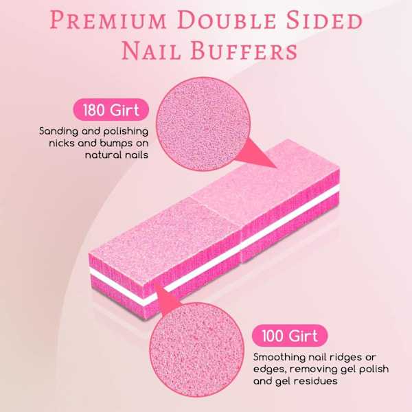 100 stk. Mini Negle Buffere - 100/180 Grit Pink Neglefile til Naturlige Negle & Gel Polish - Bærbar Dobbeltsidet Bufferblok til Polering og Udglatning