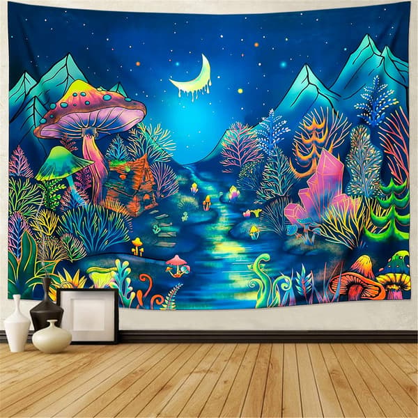 Blacklight Forêt Arbres Gobelin UV Reagerende Sopp Gobelin