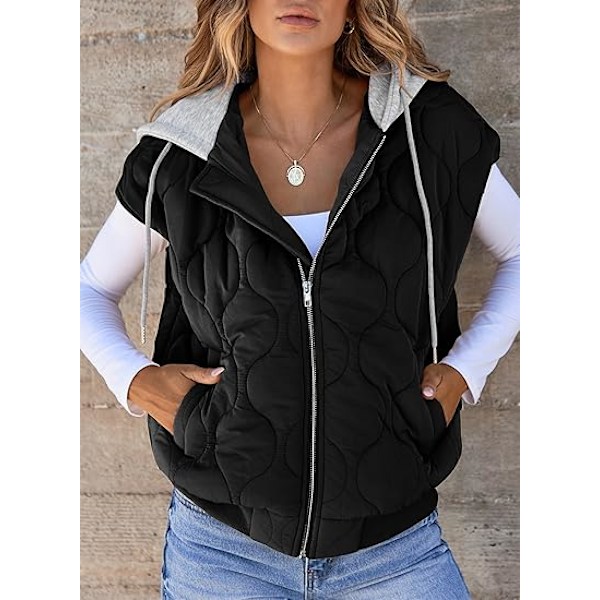 (M) Huvad Vinterväst Kvinnor Zip Up Ärmlös Quiltat Västar med Fickor