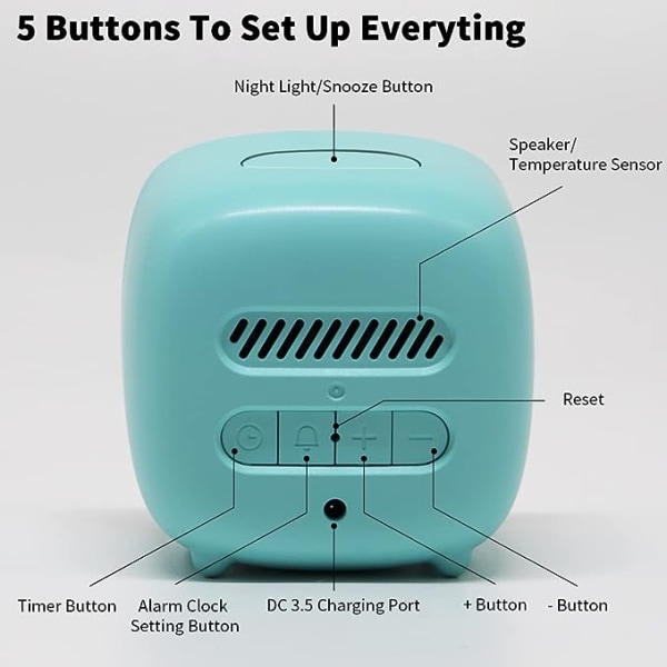 Barnväckarklocka med nattlampa, uppladdningsbar barnväckarklocka, barnklocka med dubbel alarm, temperatur, helgläge, snooze-funktion