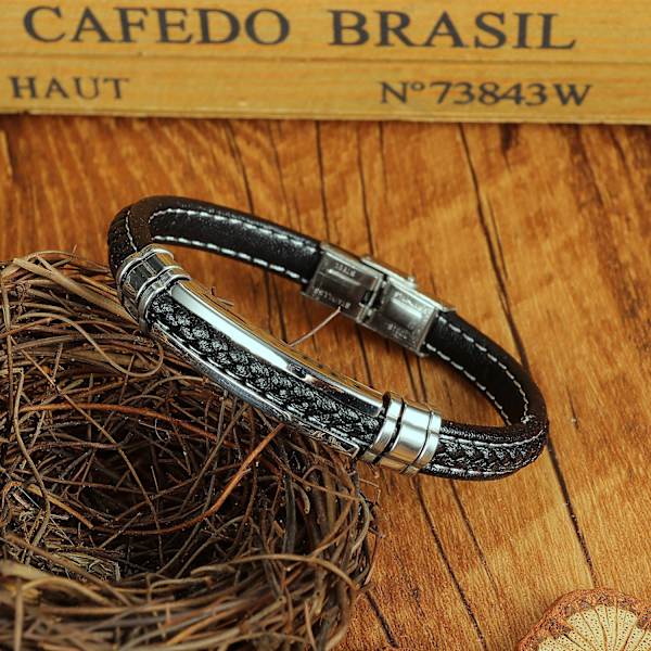 Svart läderarmband för män, tonårspojkar, silverfärgat rostfritt stål, justerbart spänne