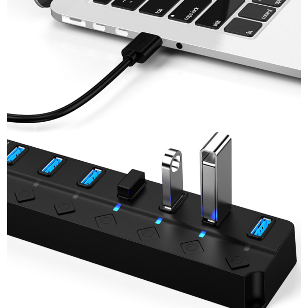 USB 3.0 Hub, USB-datasplitter, [Plug & Play], individuel tænd/sluk-knap og LED til iPhone iPad Samsung Windows Mac Surface (7 porte), 171*46*21mm, sort