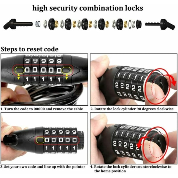 Sykkellås sykkellås, kabellås for sykkel scooter motorsykkel med 5-sifret smar