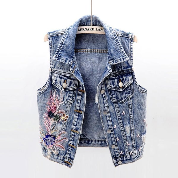 Girl's Cotton Denim Ärmlös bunden Casual Blus blå storlek s