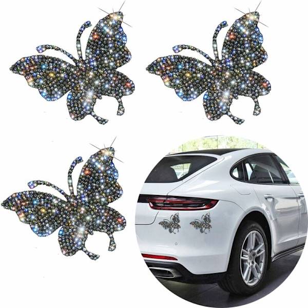 3 stk krystallbilklistremerker, Bling Butterfly Crystal Rhinestone Car