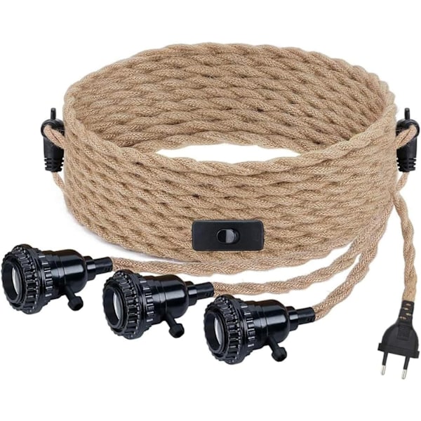 Vintage Hamp Tau Lysekrone Kit Kabel Pendel Lampearmatur med Bryter og EU Plugg DIY 3-Flammers Hengende Lampe Tekstil Kabel Tau E27 Dekor Belysning B