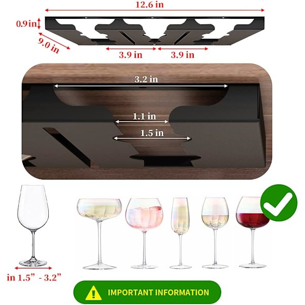 Vinglashylde - under skabet, glasopbevaringshylde i rustfrit stål, egnet til køkken, bar, restaurant, skrueinstallation, sort, 3 slots