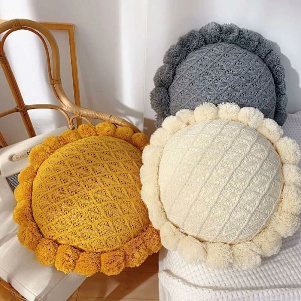 Boho-pute med dusker, rund dekorativ pute for seng og sofa
