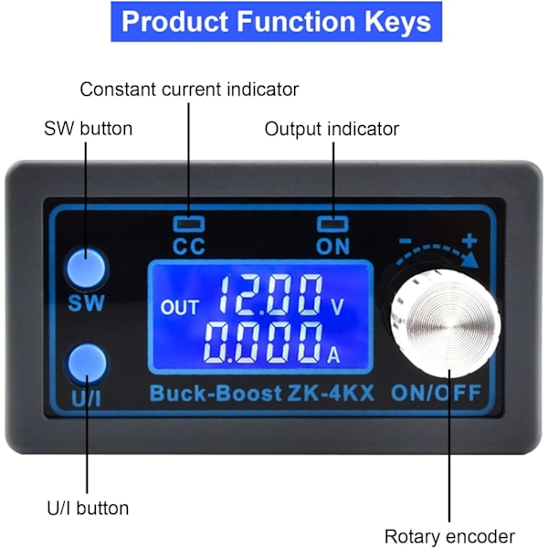 DC Buck Boost Converter Variabel Spänningsregulator CC CV Strömförsörjningsmodul 0.5-30V 4A 5V 6V 12V 24V LCD-skärm Justerbar Spänning Lab Strömförsörjning