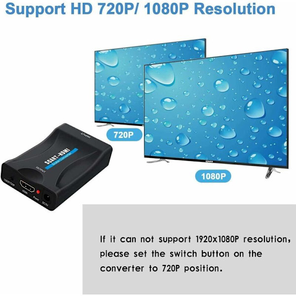 Scart til HDMI-konverteradapter, lyd-videokonverter understøtter HD