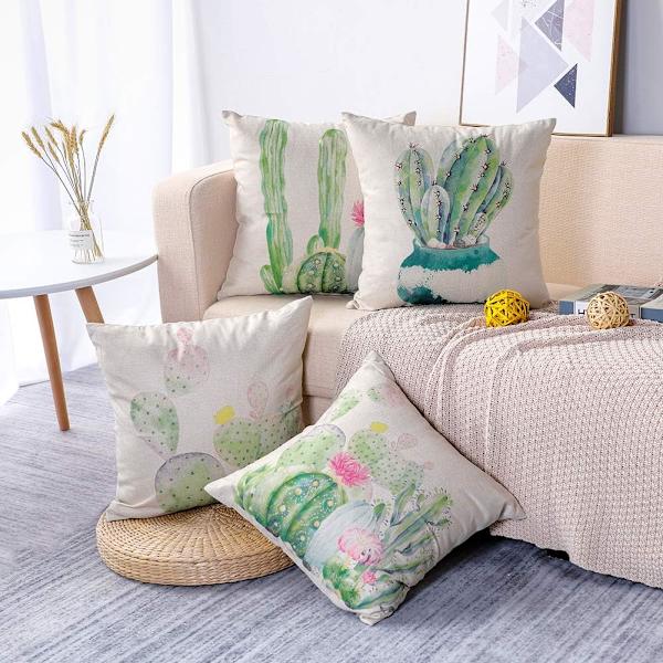 4 kpl tyynynpäälliset 45 x 45 cm polyesteri ja pellava koristetyynynpäällinen auto sohva kodin sisustus tyynynpäälliset (Kaktus)