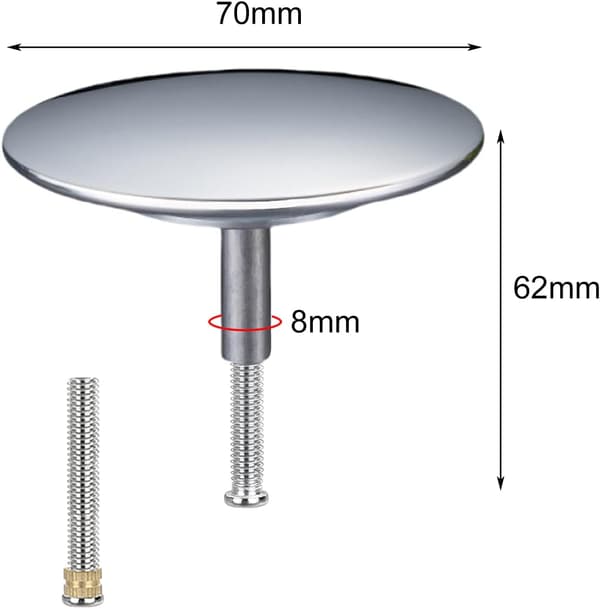 Badekarprop Ø 70 mm, Badekarprop med justerbar skrue, Vaskventil, til ethvert standard badekar