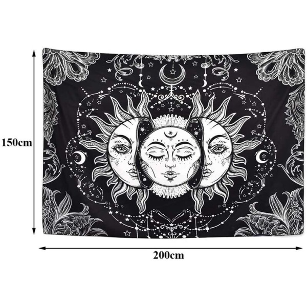 Sol og måne veggteppe Tarot veggteppe Brennende sol Celestial Psykedelisk veggteppe Veggteppe Svart veggtepper Mandala veggdekor Mystisk veggteppe 150 X 200cm, svart og hvitt