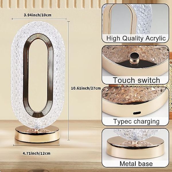 Oval Krystall Stativ Nattlampe | LED Touch Nattlampe | Dekorativ