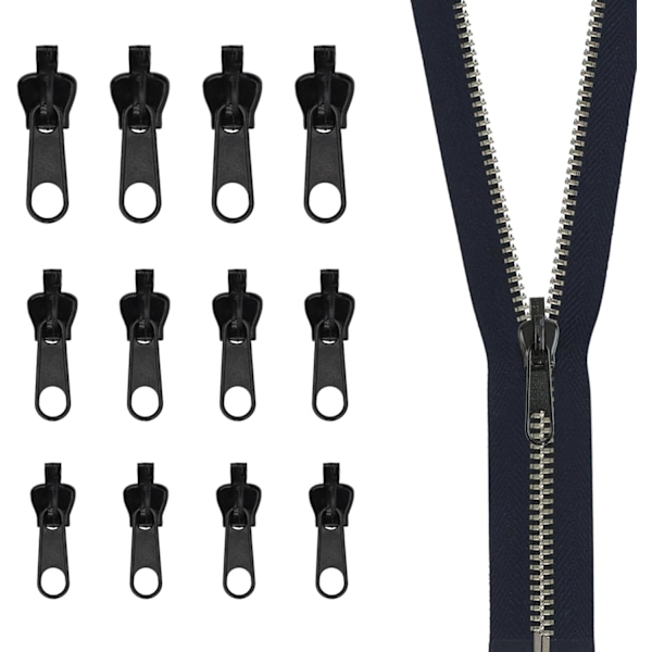 Fix Zip Puller, Dragkedja Fixare, 12 st Avtagbara Dragkedja Reparationskit, Omedelbar Ersättningsglider för Rockar Jackor, Bagage (Svart)