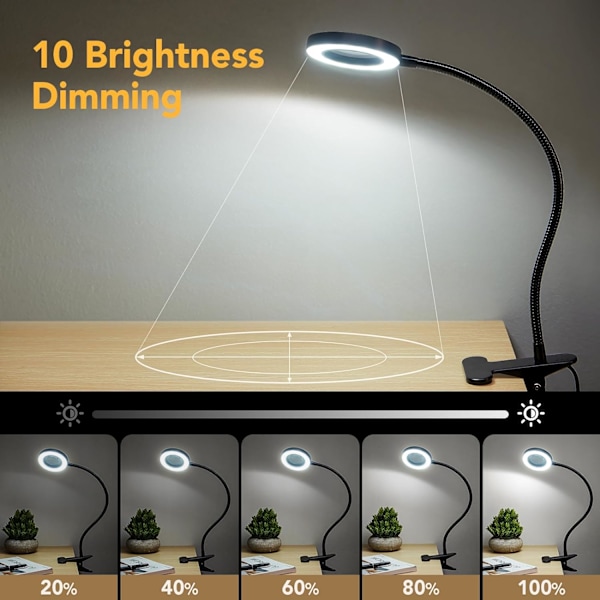 5X Suurennuslasivalaisin, 360° joustava lukuvalaisin suurennuslasilla, 3 väriä 10 kirkkaustasoa LED-pöytävalaisin, himmennettävä USB-kiinnikejalustalla varustettu suurennuslasi