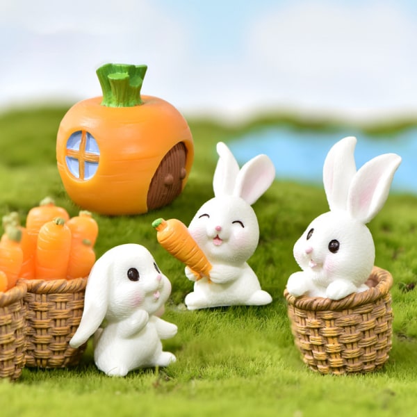 7 stk Miniature Bunny Figurines, Rabbit Gulerod House Tiny House, C