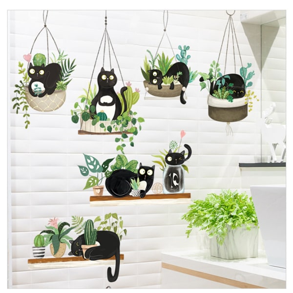 1set Green Potted Plant Cactus Wall Decal Cute Black Cat Stickers