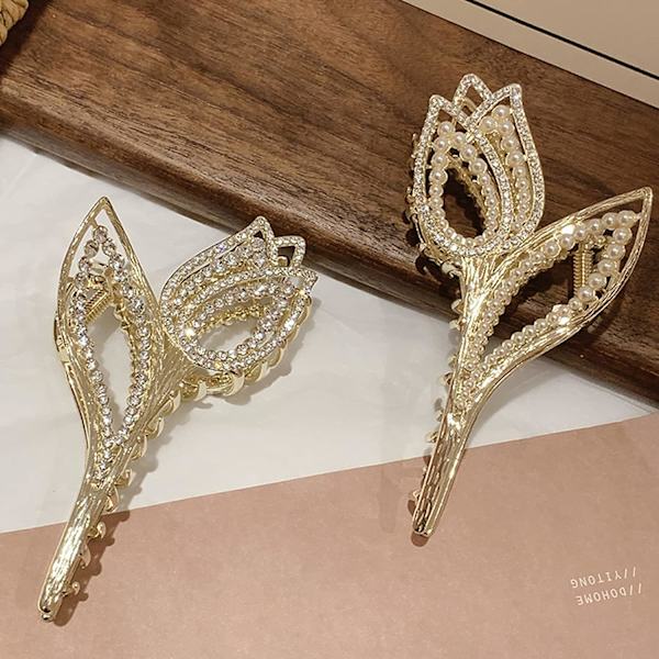 1PCS hårklemme, søt metallblomst perle tulipan haiklemme sklisikker hårklemme klør for kvinner jenter