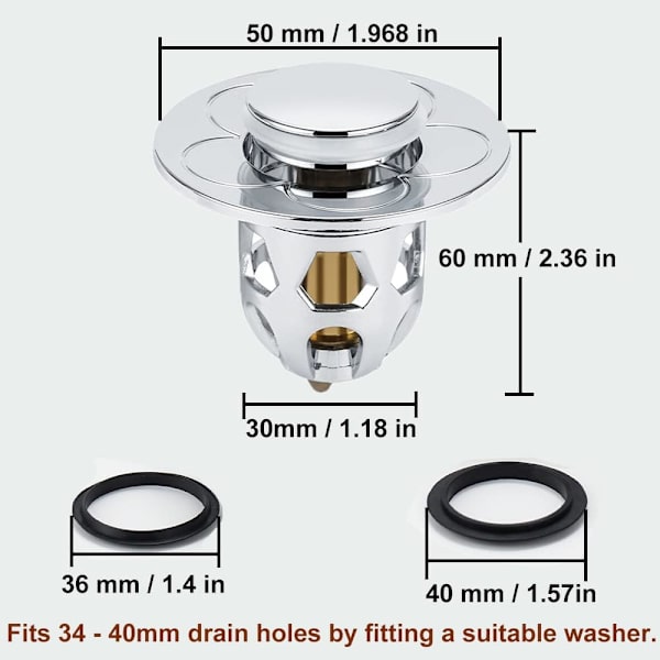 Pop-Up Håndvask Aftapning, 2 Pak Universal Pop-Up Håndvask Aftapning med Anti-Tilstopning Filter, Anti-Lugt Hårfilter, til 34-40mm Huller