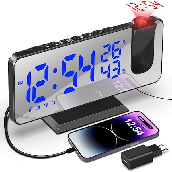 Projektionsväckarklocka för Tak, Radioväckarklocka med Takprojektion, med 7,5 Tums Spegelskärm, USB-Laddningsport, Dubbel Väckarklocka, 6 Justerbara Ljusstyrkor