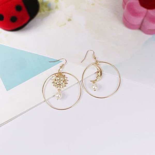 Sun Moon Asymmetric Imitation Pearl Earrings, Gold Annulus Pendant Earrings Drop