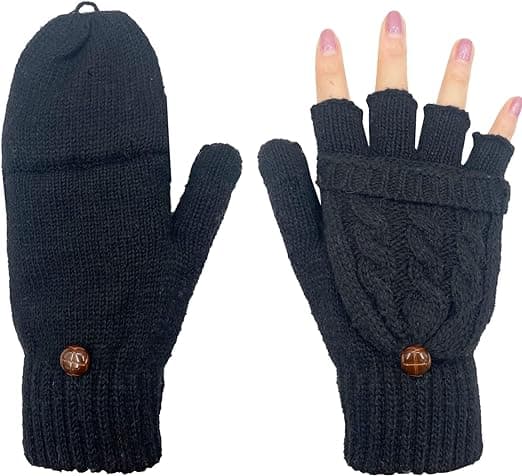 Dam vinterhandskar, varma ull stickade konvertibla fingerlösa