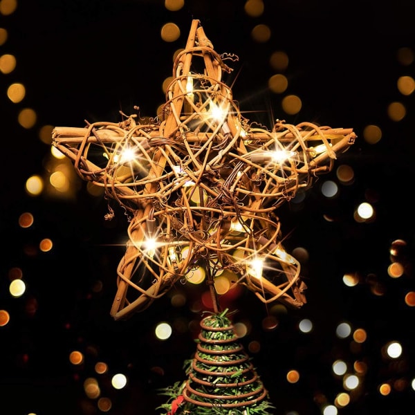 Rustik Christmas Tree Topper Star med 10 LED-lampor Vintage Ratt