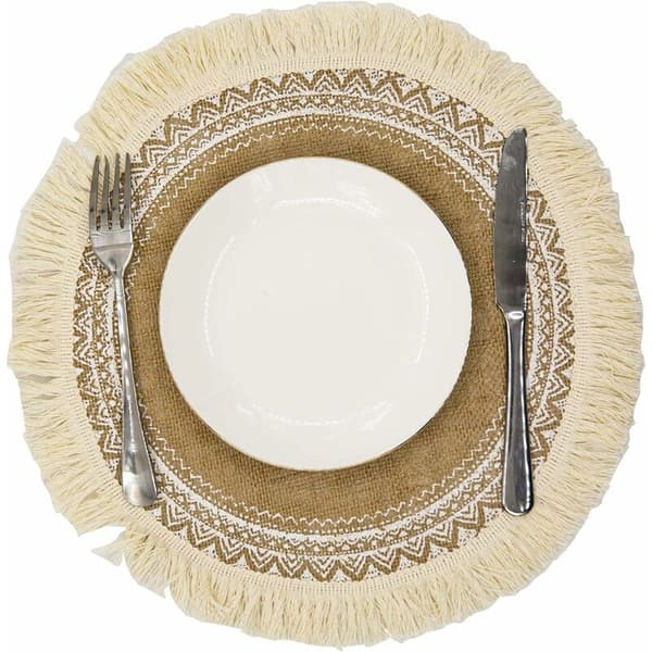 Spisebordsett med 4 runde duskebrikker Boho tallerkenbrikker
