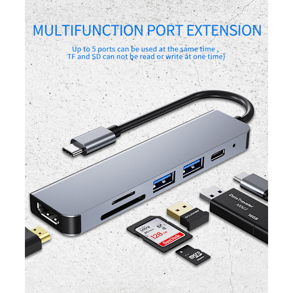 USB C -keskitin, USB C -sovitin MacBookille, 6-in-1 USB Type-C - HDMI 4K -moniporttikeskitin, yhteensopiva Type-C -kannettavien, kuten MacBook Pron, Dell XPS:n ja Chromebookin kanssa