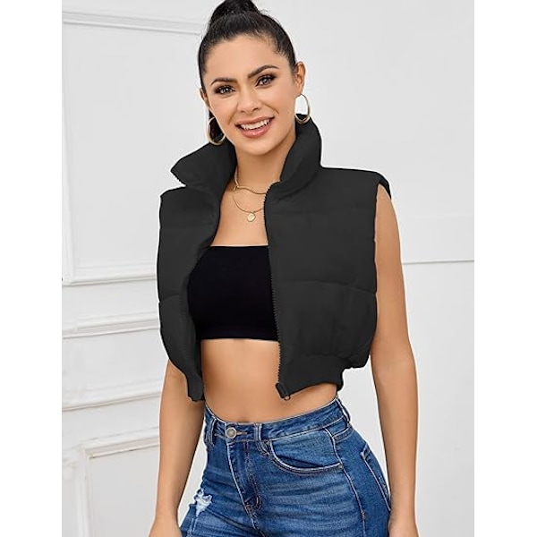 (M) Naisten Topattu Alasuntuinen Liivi Puffer Seisova Kaulus Vetoketjullinen Crop Hihaton Takki