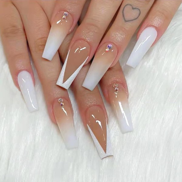 Gradient French Tip Press on Nails Long Coffin Fake Nails with De