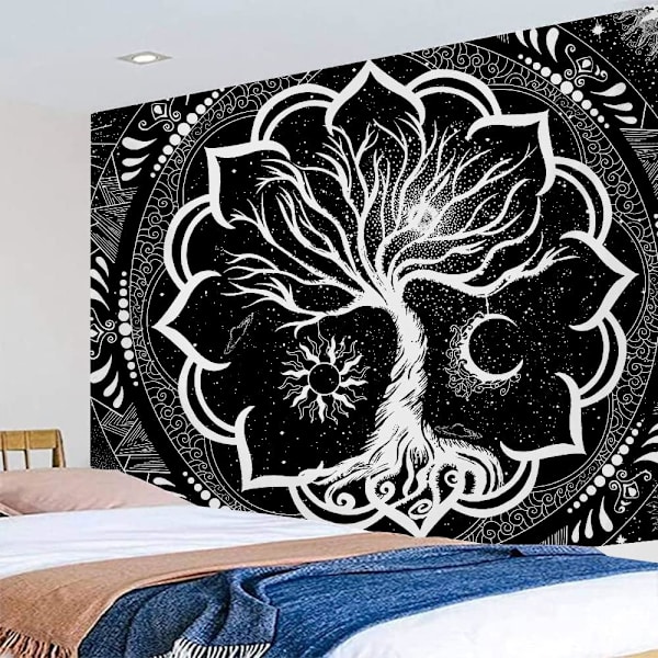 Mustavalkoinen Boho seinävaate, aurinko ja kuu Trippy seinävaate
