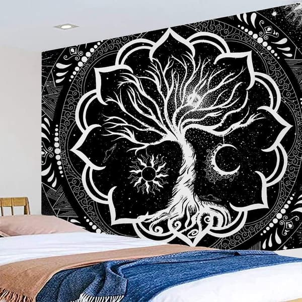 Sort og hvid Boho vægtæppe, sol og måne Trippy vægtæppe
