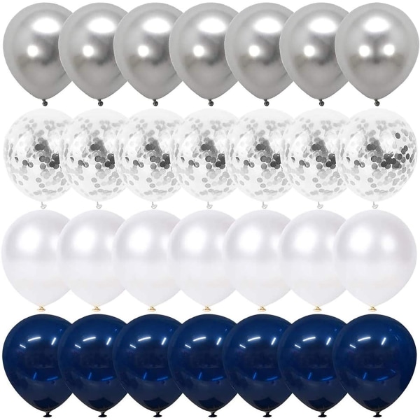 Marinblå och silverkonfettiballonger 50 st, 12 tums vita päron