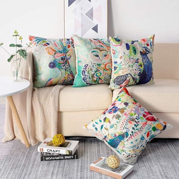 4 stk Polyester og Lin Dekorativ Putetrekk Sofa Bil Hjem Dekorasjon Putetrekk 45 x 45cm (Fargemalte Dyr)