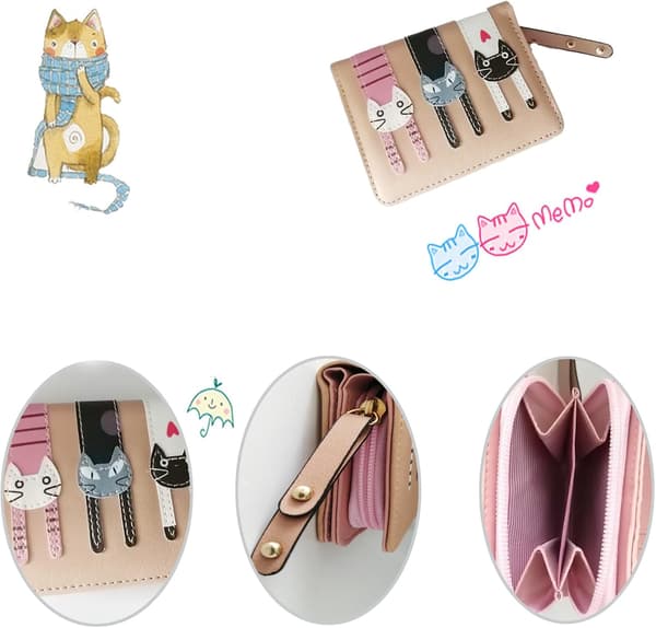 Mini Söt Plånbok, Mini Katt Söt Plånbok, Små Tunna Plånböcker, för Flickor (Khaki)