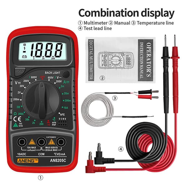 An8205c AC/DC Digital Multimeter Ammeter Test Spænding Digital Strøm Multimeter (Rød)