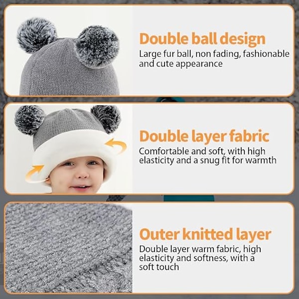 Baby Balaclava, Vinter Toddler Sirkel Halsduk Sett Barn Dobbel Pompom Balaclava Hatt Varmt Halsduk Sett for Jenter og Gutter - Grå