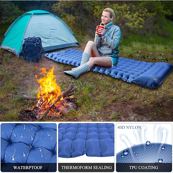 Campingmadrass med fotpumpe, oppgradert tykkelse 10 cm/4'' selvoppblåsende sovematte, turmadrass med pute, ultralett oppblåsbar madrass