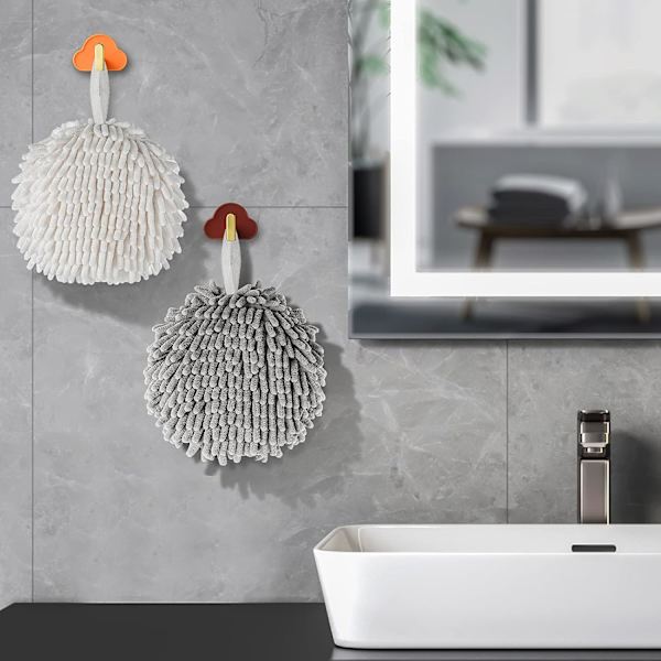 2-pakke med håndklær med lodne baller, supermyke og lodne chenillehåndklær til å henge i badet, svært absorberende håndklær for å tørke hendene umiddelbart (grå + hvit)