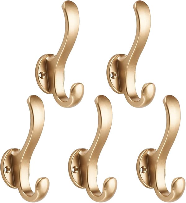 Väggmonterade Dubbla Krokar, 5-pack Guld, för Kläder, Handdukar, Kökshanddukar, Badrum, Skruvbara