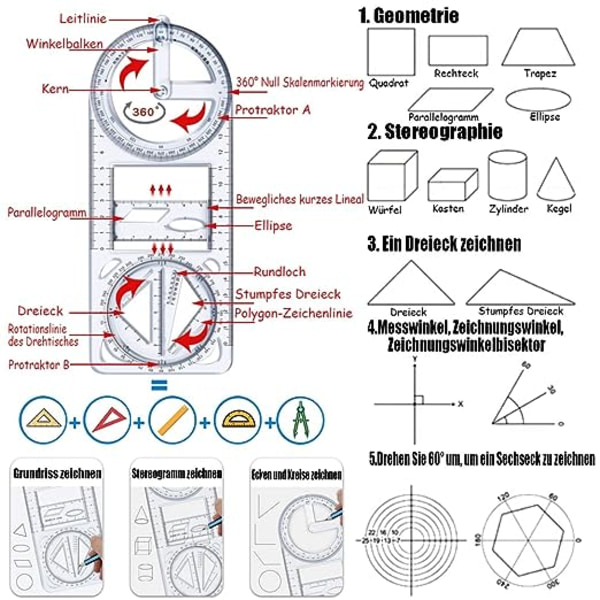 Multifunktionel geometrisk lineal, geometrisk mønster lineal, 3 stk. multifunktionel tegnelineal, geometriske figurer lineal, geometrisk tegnelineal, geometrisk lineal