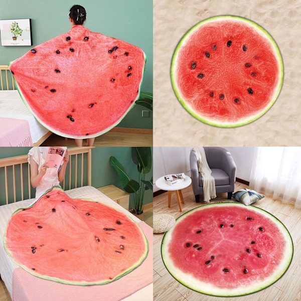 Vesimelonipeitto, Käännettävä pyöreä peitto, Luova peitto realistisella ruokakuviolla, Täydellinen käytettäväksi makuuhuoneessa tai sohvalla (150 * 150 cm)