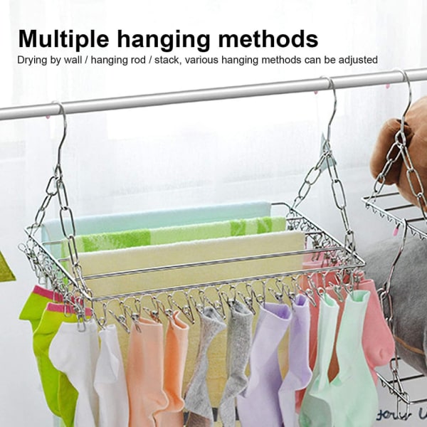 Sock Drying Rack, rostfritt stål med 36 vindtäta klämmor Hängande kläder D